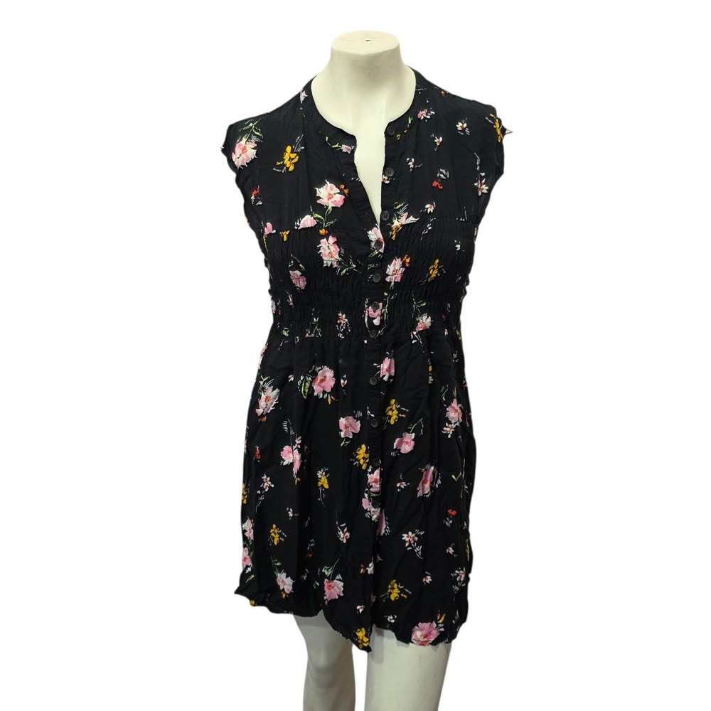 Free People Floral Mini Dress Medium Black Button Front Smocked Boho Cottagecore